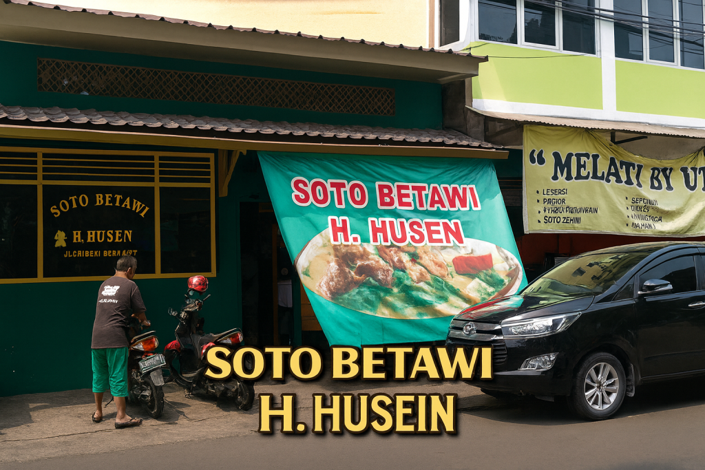 Soto Betawi H. Husen dengan kuah santan gurih dan isian daging khas yang legendaris di Jakarta.
